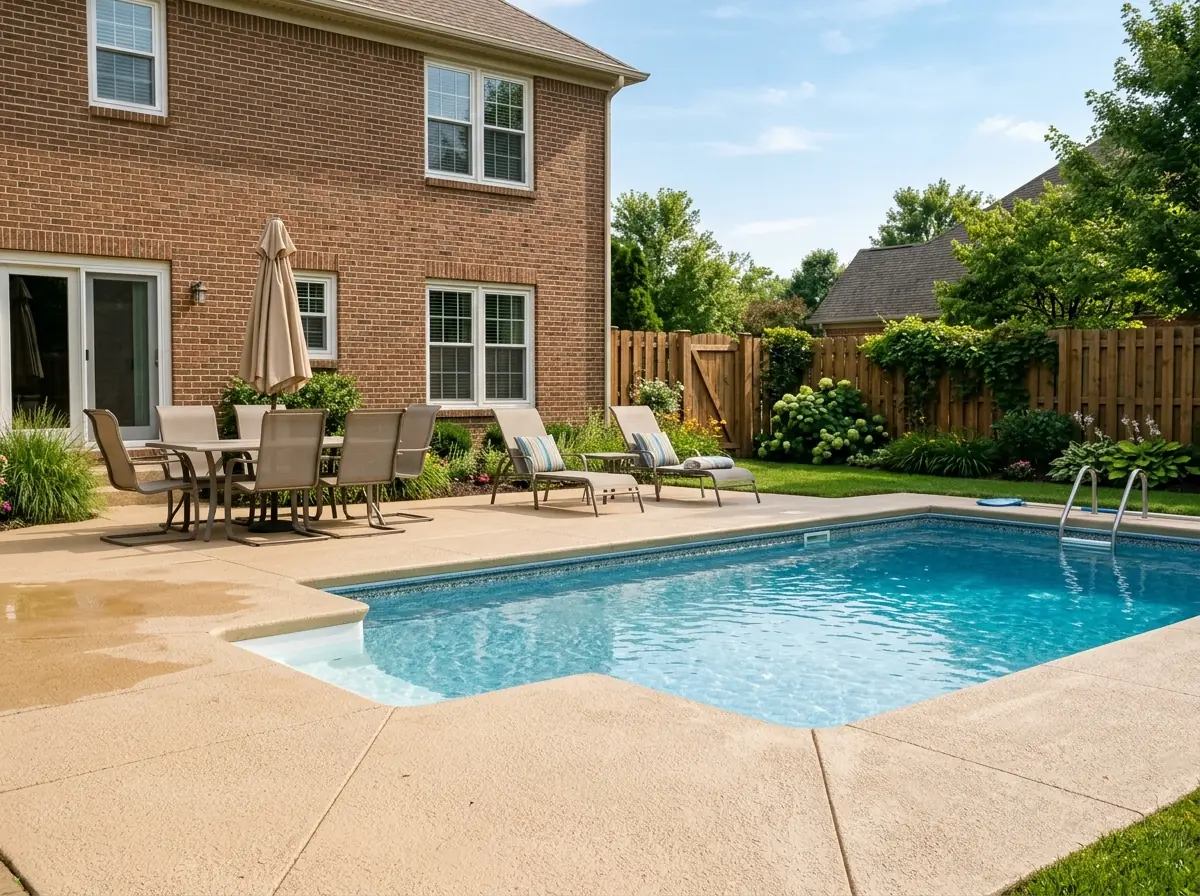 Backyard concrete patio and pool deck with a light tan textured coating, an in-ground pool, patio furniture and a brick house