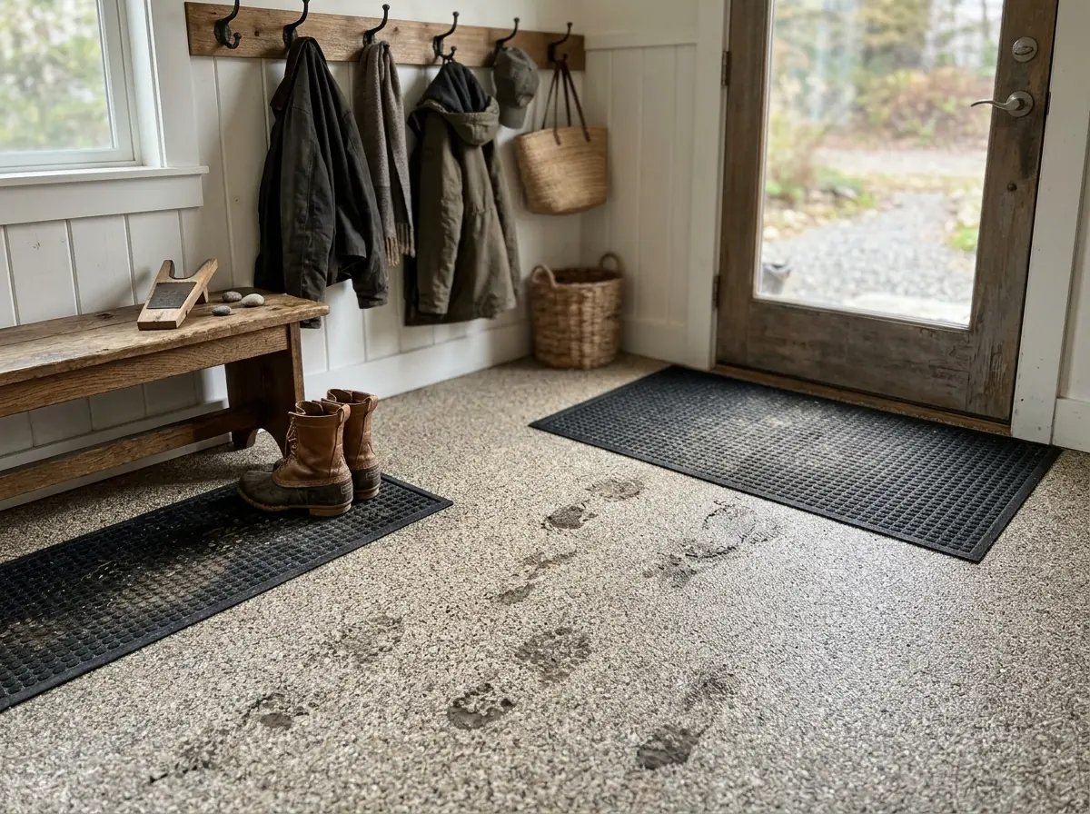 Mudroom floor with a textured multicolor quartz epoxy finish, drying boot prints near the back door and a rubber mat