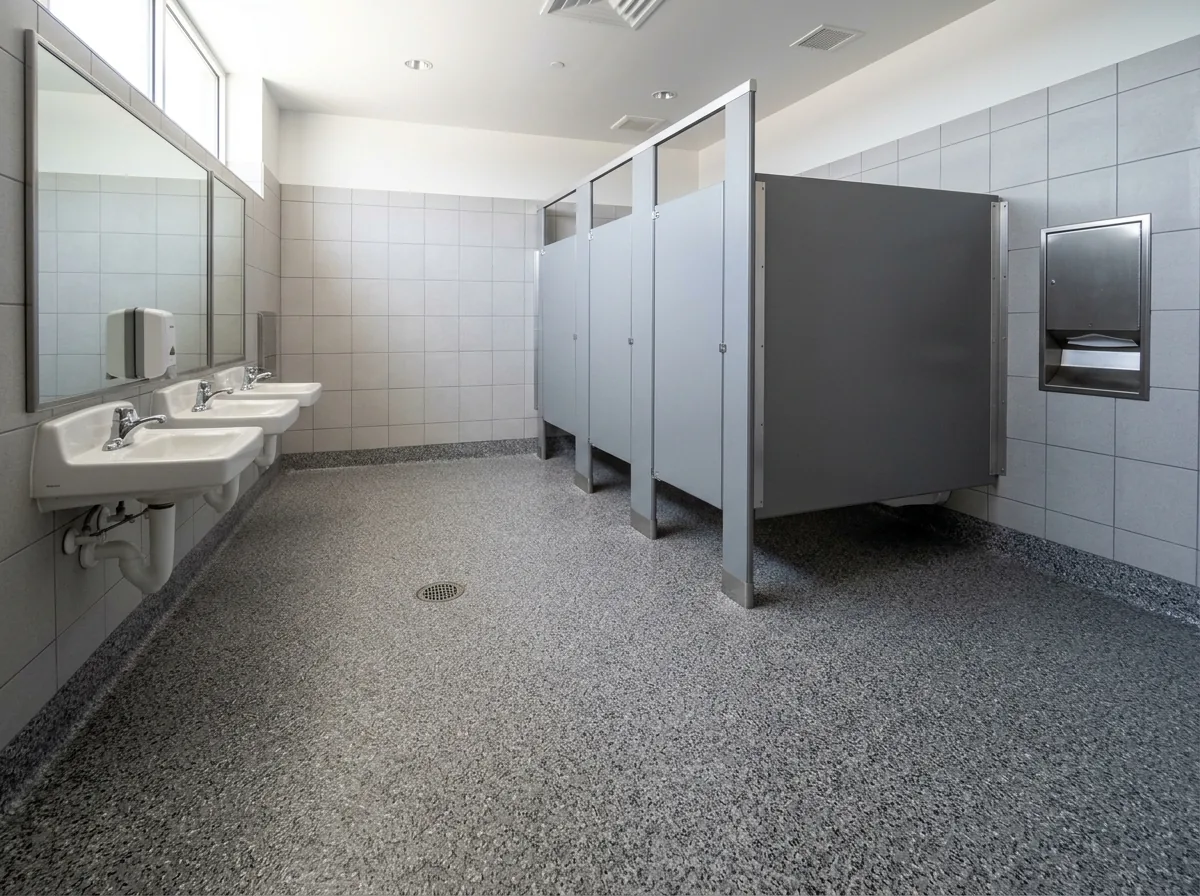 Public restroom with a gray and charcoal quartz epoxy floor, coved base along partition walls, wall-hung fixtures and a floor drain