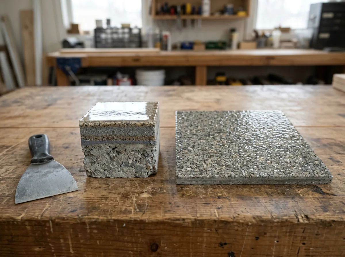 Cross-section sample of a quartz epoxy floor on a concrete block showing the primer, two sand-filled layers and a clear topcoat, next to a finished gray and tan quartz floor