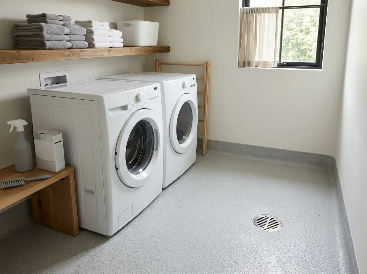 Laundry room with a light gray quartz epoxy floor running under a washer and dryer, the coating turned a few inches up the wall, a floor drain near the corner