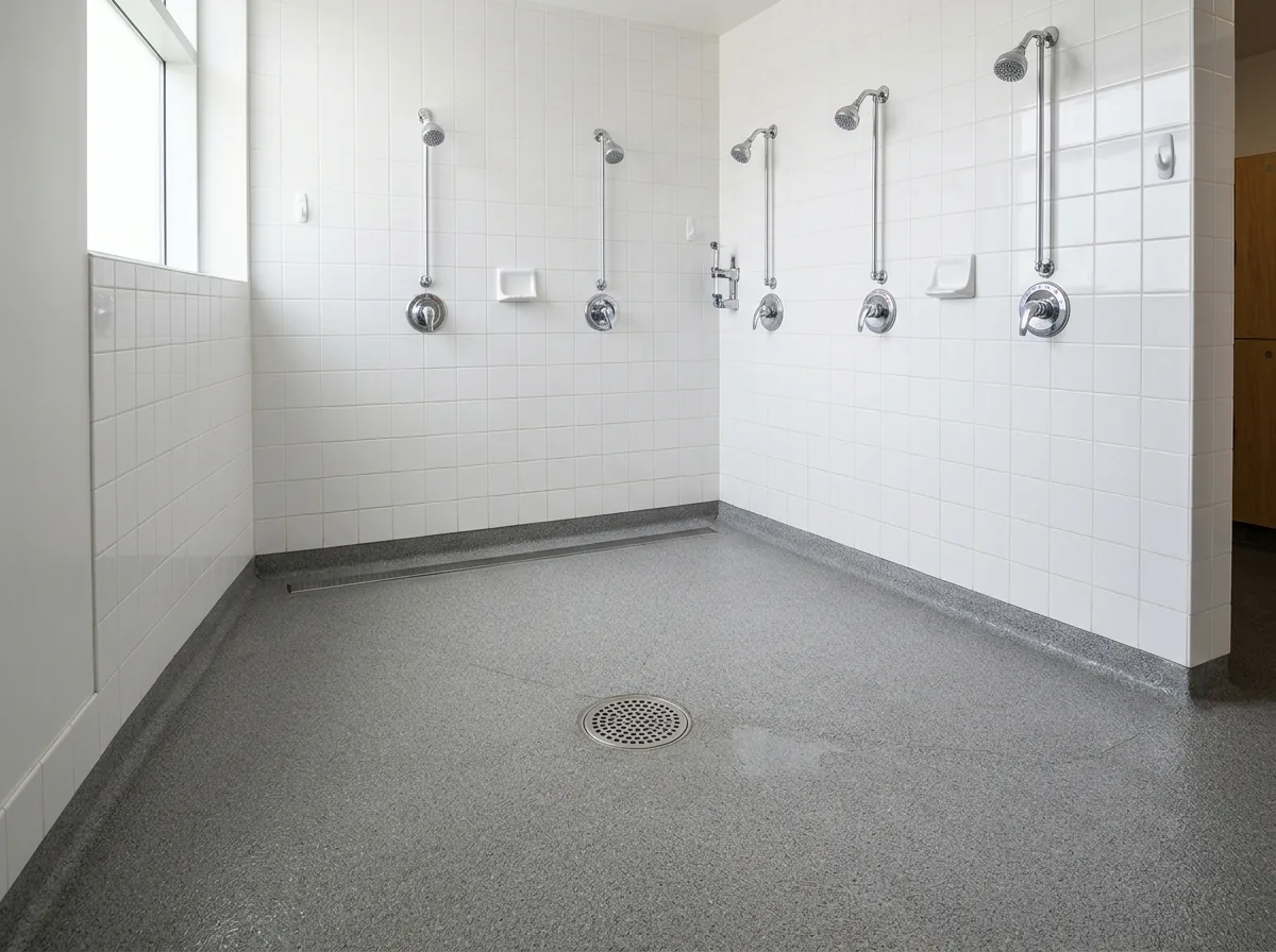 Concrete-floored locker room shower area with a fine-textured gray quartz floor sloping to a round drain, the coating coved up the tiled wall