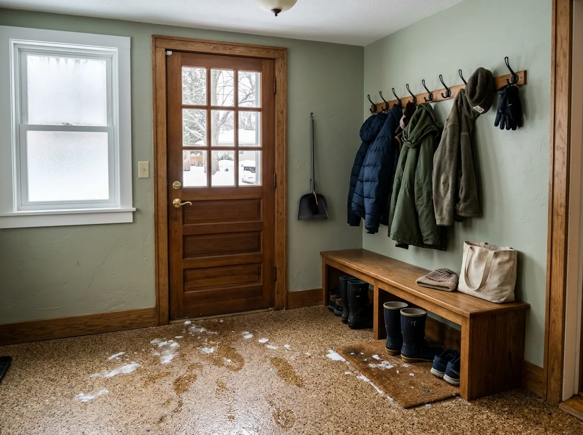 Back-door mudroom with a tan and brown textured quartz floor, wet boot prints near the door, a wooden bench and coat hooks on the wall