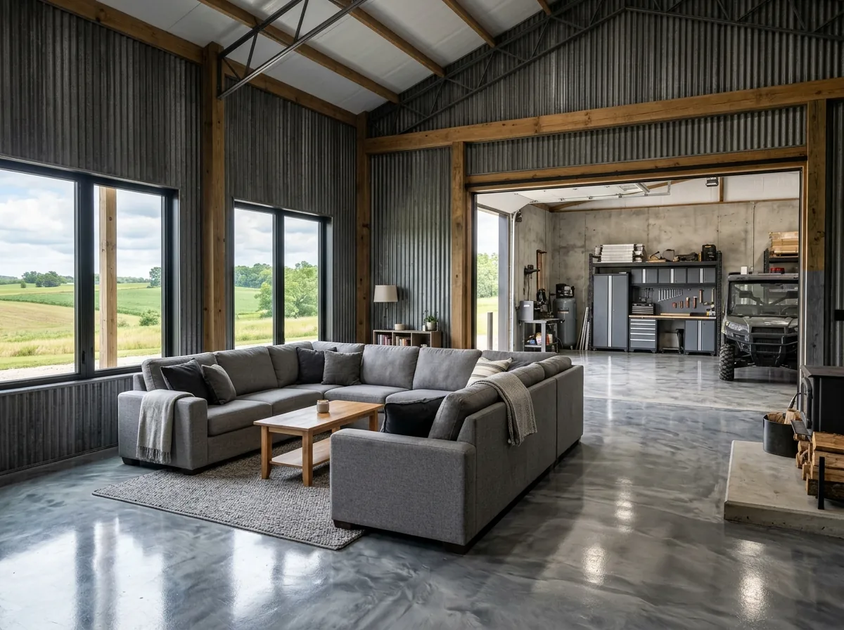 Open barndominium living room with a gray metallic epoxy floor, a sectional sofa, steel-sided walls and large windows, the shop doorway visible at the back