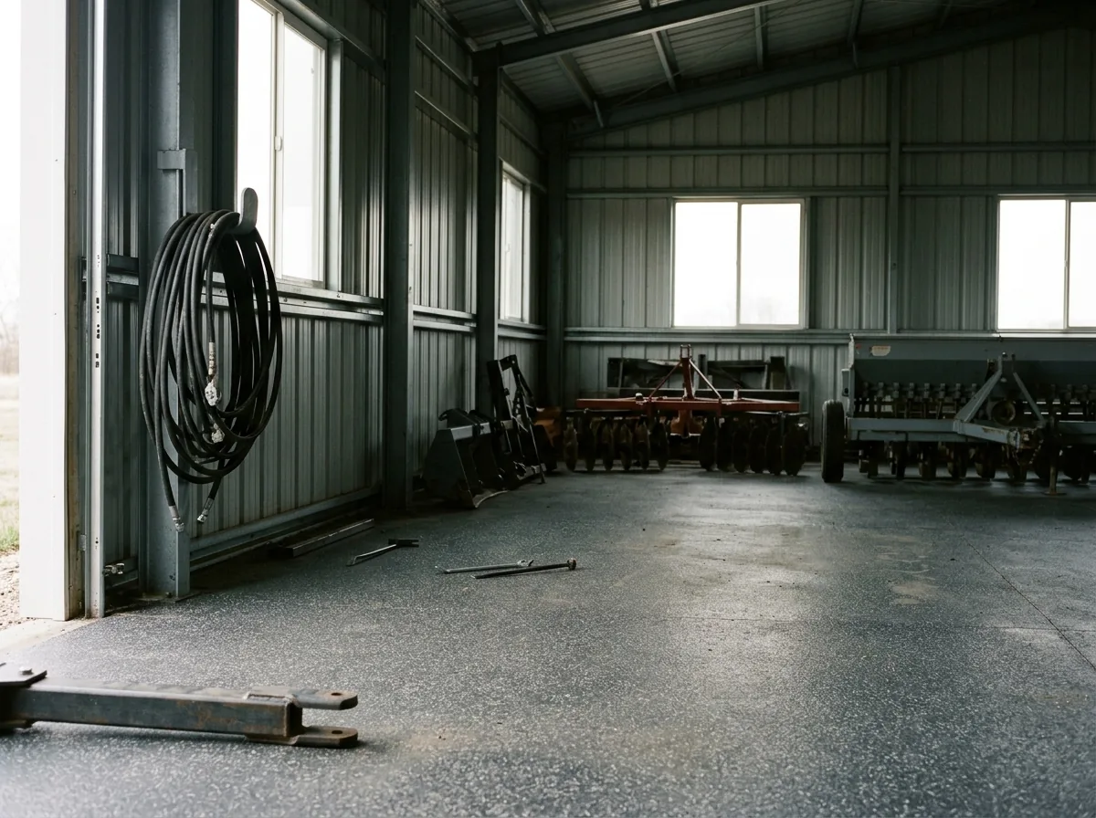 Farm equipment bay in a metal building with a dark gray flake-coated concrete floor, a steel drawbar hitch at the edge and hydraulic hoses coiled on a wall hook