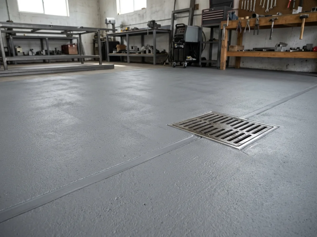 Shop slab with a straight saw-cut control joint filled flush with gray filler and coated over, running toward a square floor drain with the coating finished neatly to its rim