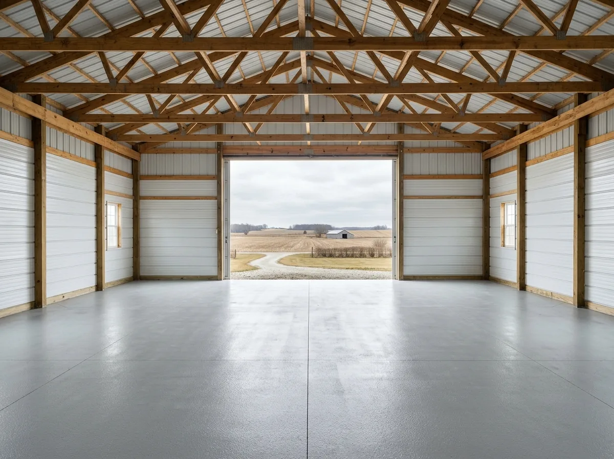 Empty post-frame pole barn shop with white steel liner panels, exposed wooden trusses and a large light gray coated concrete floor, the big sliding door open to farmland