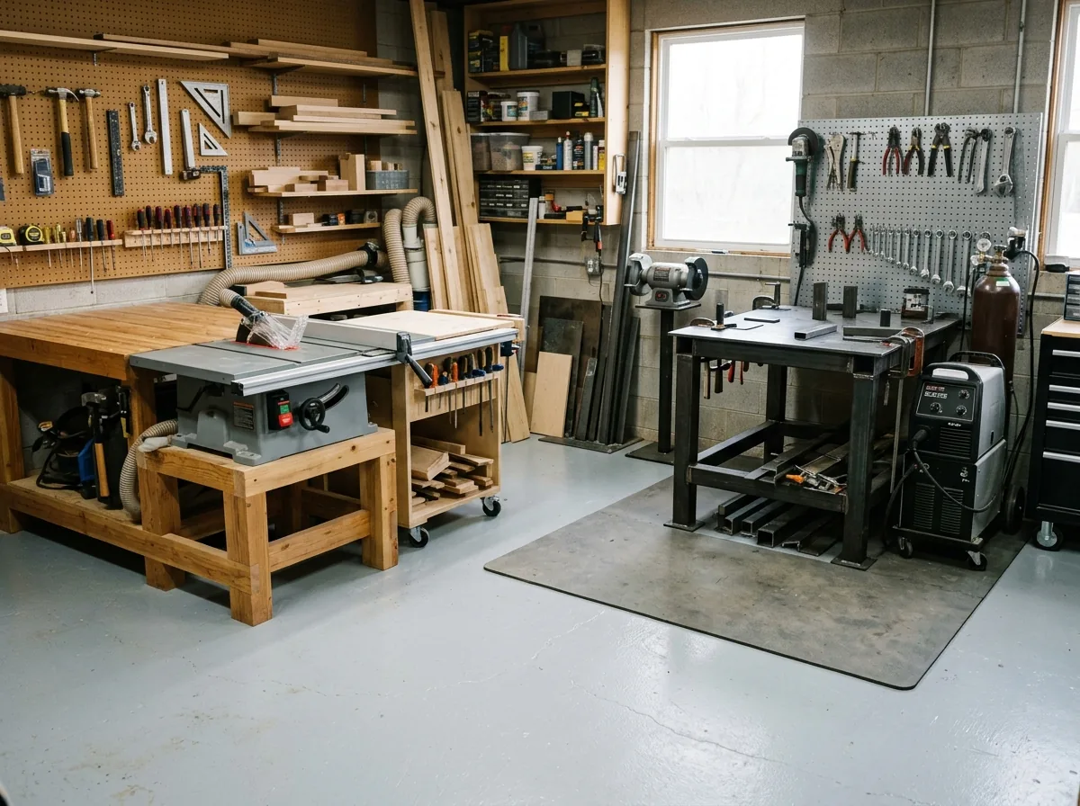 Home woodworking and metal shop with a solid light gray epoxy floor, a table saw and workbench on one side and a steel welding table on a large gray welding mat on the other