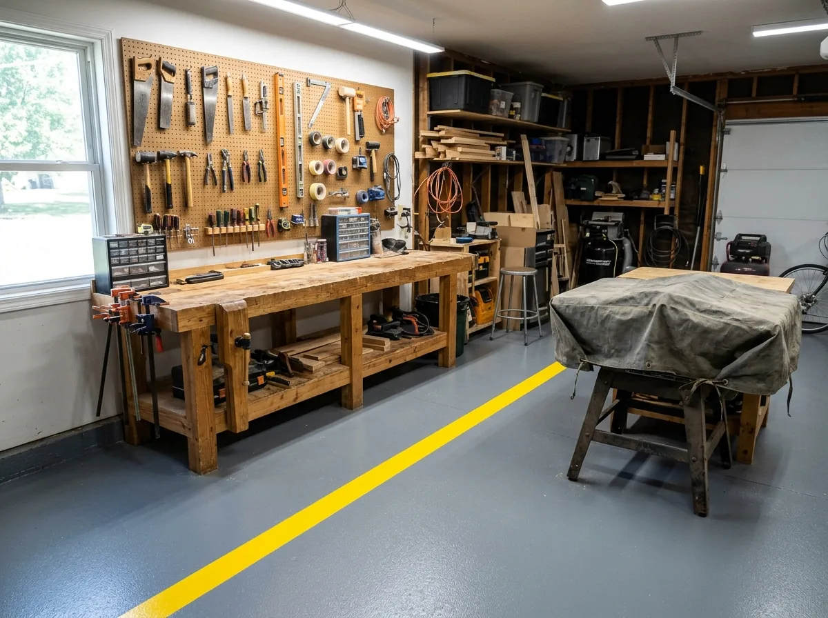 Home workshop in a garage with a solid medium gray epoxy floor, a yellow safety stripe, a wooden workbench and pegboard of hand tools
